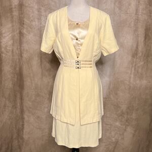 Vintage 90s Wayne Diamond Pale Yellow Layered Shift Dress Button Up Satin Retro